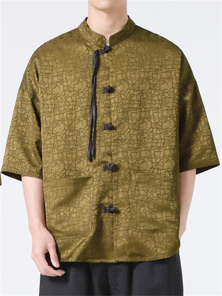 Retro Chinese Style Loose Stand Collar Satin Shirts for Men