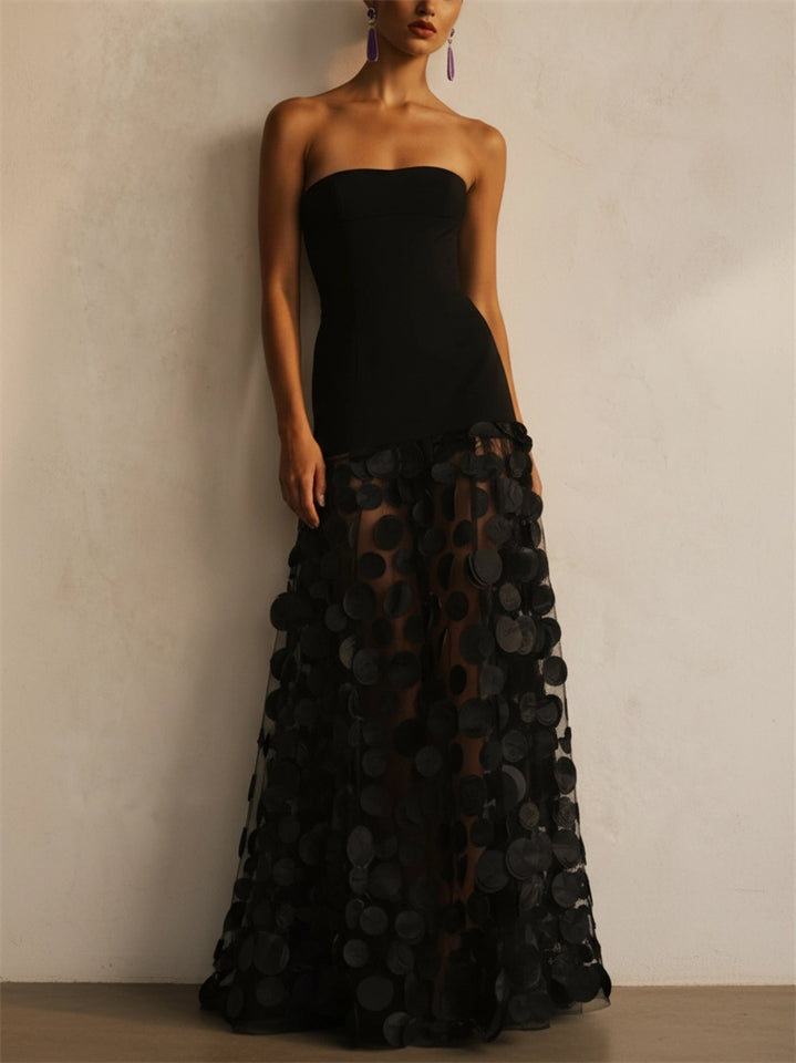 Women Strapless Black Evening Gown Sheer Mesh Circle Dress