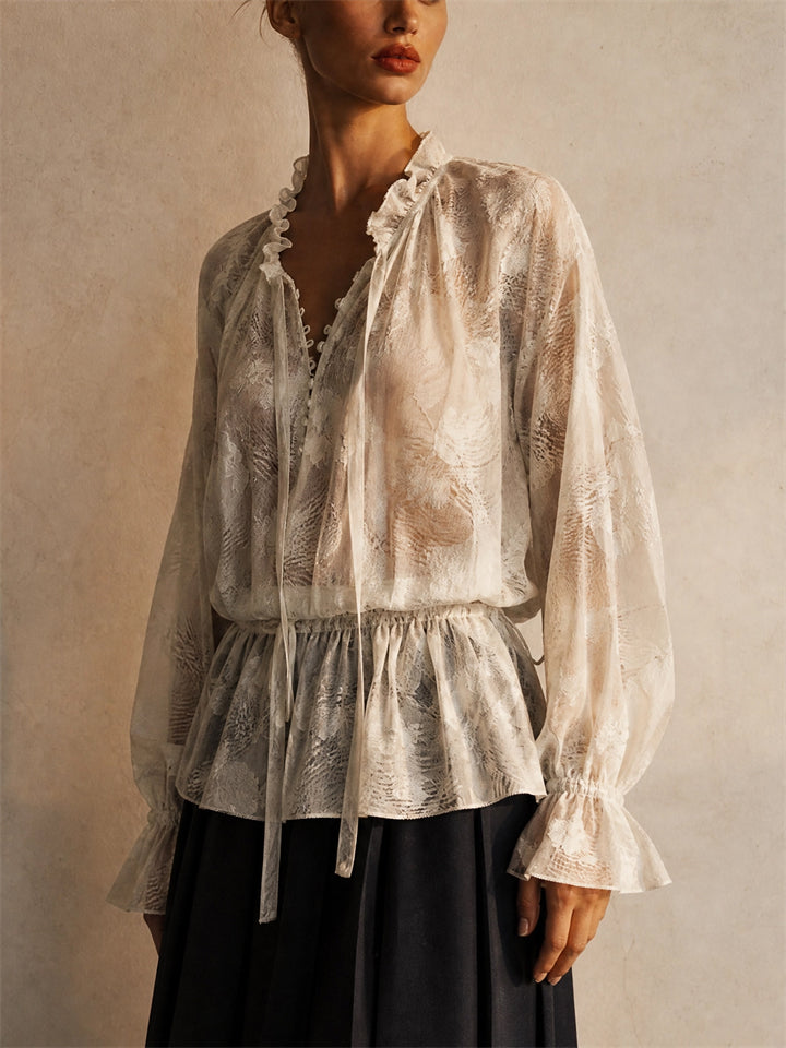 Women Elegant Floral Peplum Blouse Ruffle Lantern Sleeve Top