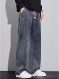 Men's Autumn Darwstring Loose Fit Straight Leg Casual Washed Denim Pants