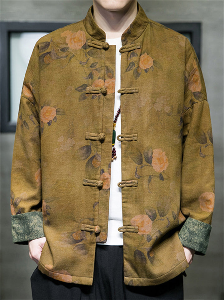 Men's Chinese Style Print Contrast Color Stand Collar TangSuit Jacket