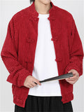 Chinese Style Corduroy Mandarin Collar Jacket with Chinese Knot Buttons for Men