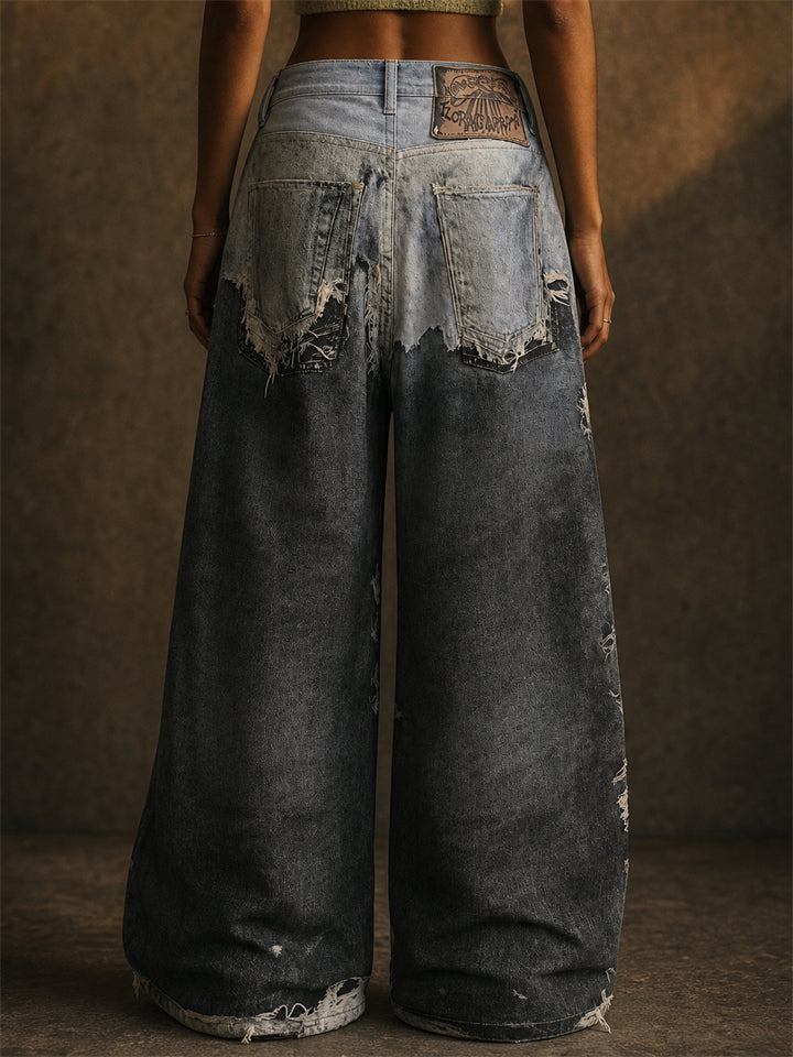 Women Mid-Waist Patchwork Distressed Baggy Wide Leg Denim Jeans