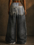 Women Mid-Waist Patchwork Distressed Baggy Wide Leg Denim Jeans