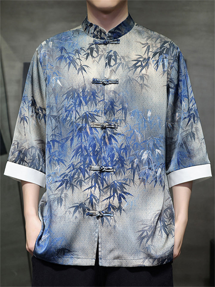 Men's Cool Chinese Style Leaves Print Stand Collar Tang Suit Shirts