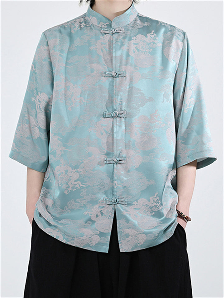 Loose Oriental Style Loongfeng Jacquard Half Sleeve Shirt for Men