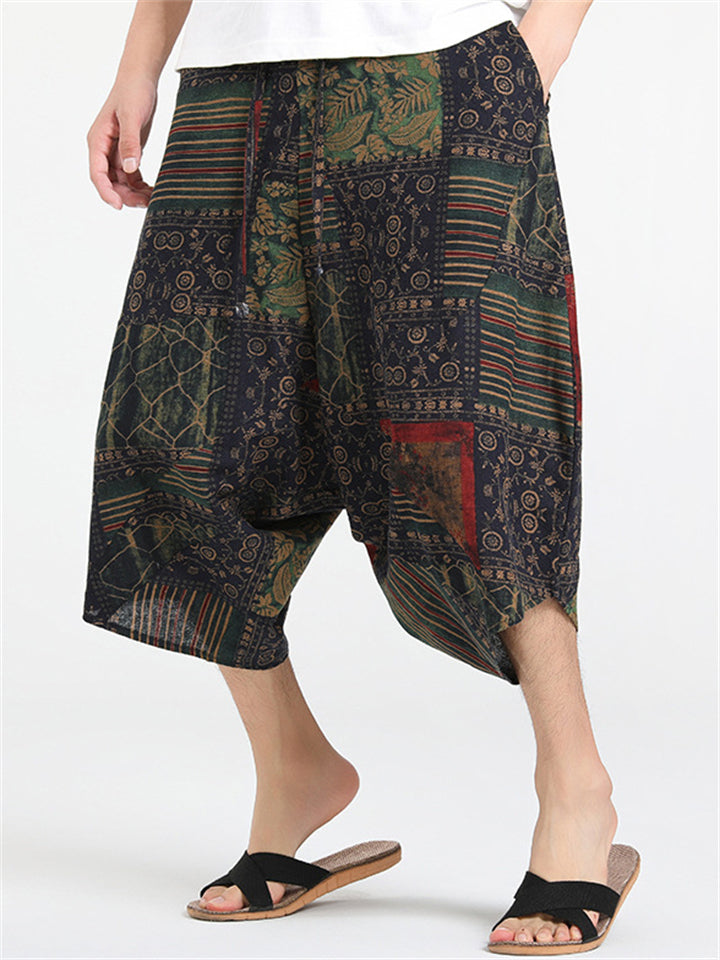 Men's Chinese Style Retro Print Drop Crotch Harem Capri Pants