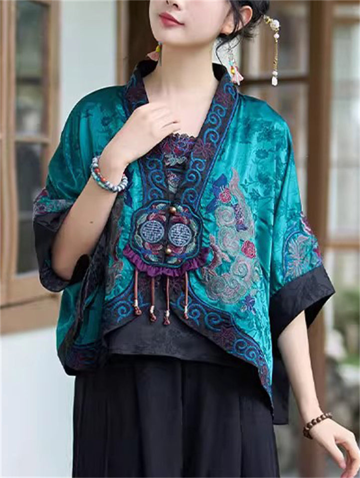 Women's Ethnic Style Embroidered BatWing Sleeve Cardigan Cloak Jacket