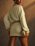 Women Striped Knit 2 Piece Set Polo Top and Mini Skirt