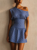 Women Blue Gingham One Shoulder Mini High Waist Summer Dress