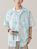 Men's Holiday Style Blue Coconut Tree Print Lapel Beach Shirt