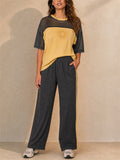 Women Color Block Mesh Patchwork T Shirt and Wide Leg Pants Set