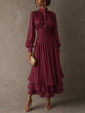 Women High Neck Long Sleeve Ruched Tiered Metallic Maxi Dress