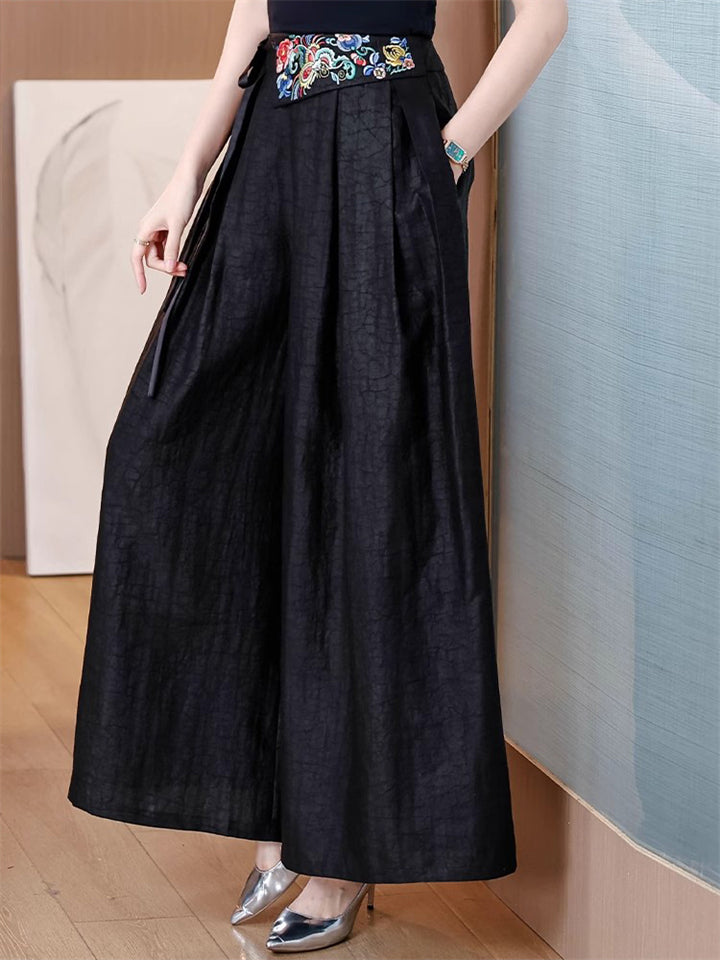 Women's Ethnic Style Embroidery Texture High Rise Wide Leg Pants