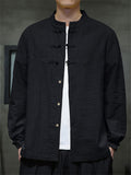 Men Chinese Style Linen Cotton Stand Collar Long Sleeve Shirts