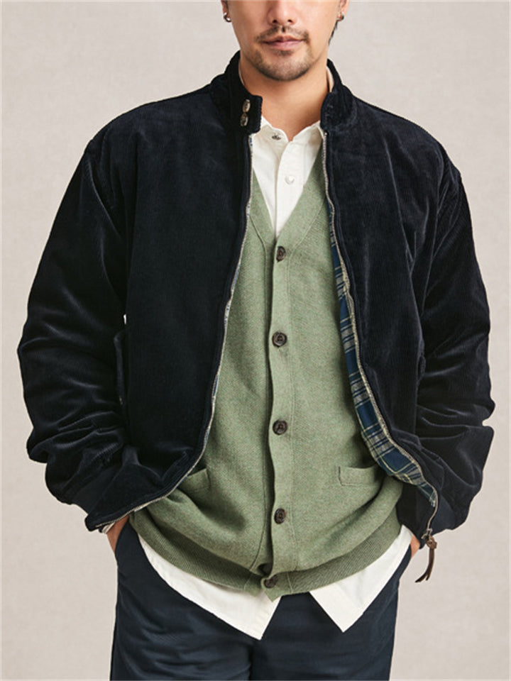Men's Autumn Vintage Cotton Corduroy Long Sleeve Zip Up Coats
