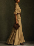 Womens Khaki V Neck Belted Linen Safari Maxi Shirt Dress