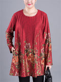 Plus Size Floral Print Long Sleeve O-Neck Shirt for Women