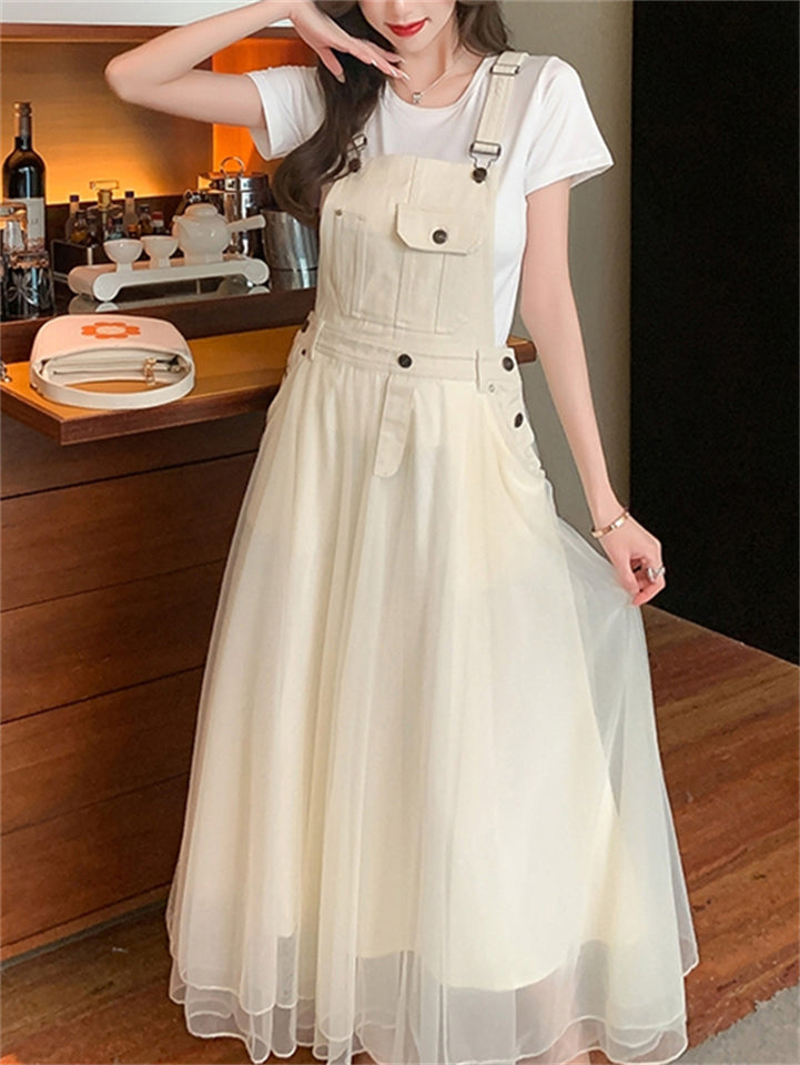 Square Neck Tulle Patchwork Strap Denim Overall Dress For women