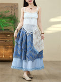 Women's White Sequin Fringe Strap Top & Print Asymmetric Skirt Set