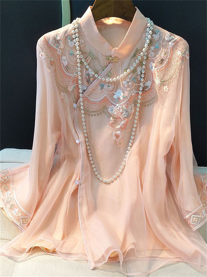 Retro Pink Floral embroidery Tang Suit Top For Women