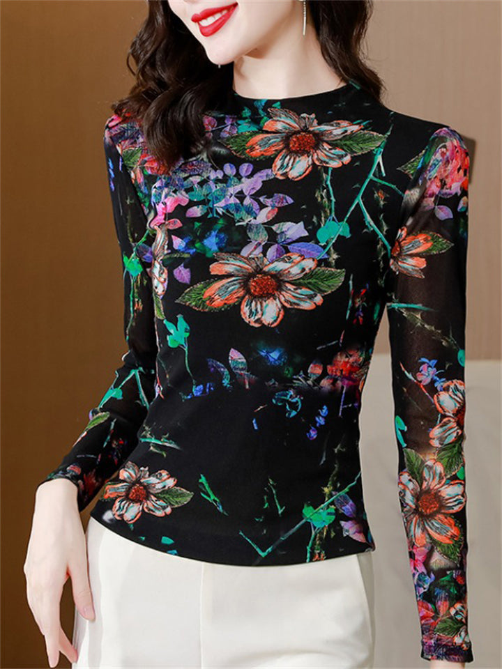 Women's Flowers Print Slim Long-sleeve Undershirt