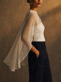 Women White Sheer Mesh Overlay Asymmetric Draped Party Top