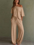 Women 2 Piece Off Shoulder High Waist Wide Leg Lounge Set