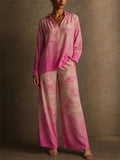 Womens Toile Print Wide Leg Flowy Two Piece Lounge Set