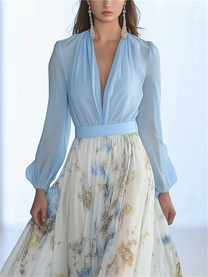 Women's Contrast Color Patchwork Long Sleeve V Neck Maxi Dress