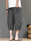 Men's Cotton Linen Stripe Drawstring Capri Pants