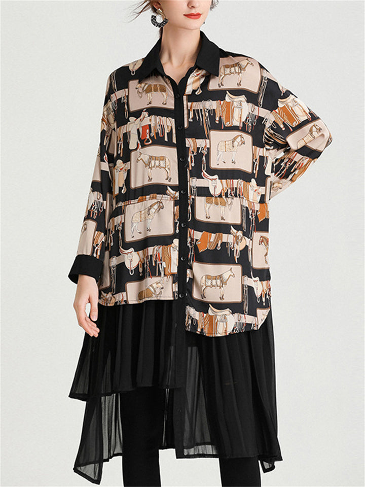 Fashion Animal Print Lapel Pleated Hem Patchwork Shirt for Women