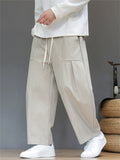 Men's Japanese Style Simple Pleated Drawstring Wide Leg Pants with Pockets