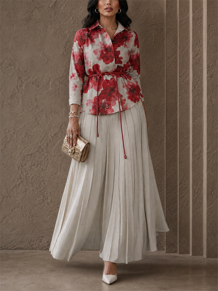 Women's Elegant 2pc Floral Long Sleeve Shirt and Pleated Maxi Skirt Set