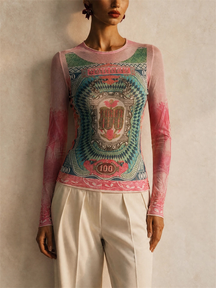 Women Vintage Graphic Sheer Long Sleeve Slim Fit Mesh Top