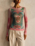 Women Vintage Graphic Sheer Long Sleeve Slim Fit Mesh Top