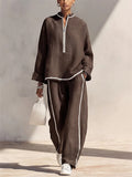 Women Long Sleeve Stand‑Collar Quarter Zip and Wide Leg Pants Set