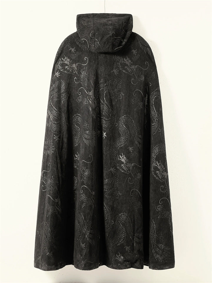 Men's Chinese Style Black Jacquard Corduroy Hooded Cloak Robe Jackets