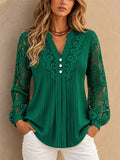 Women Lace Crochet V Neck Long Sleeve Button Down Blouse