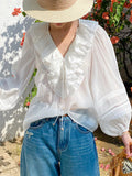 French Style Women's Ruffled V-Neck Tencel Long Sleeve Shirt