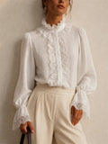 Women Victorian White Lace Ruffle High Neck Bell Sleeve Top