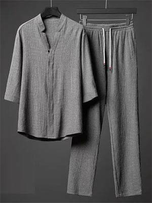 Men's 2Pcs V Neck Stand Collar Half Sleeve Solid Color Outfits