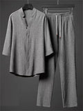 Men's 2Pcs V Neck Stand Collar Half Sleeve Solid Color Outfits