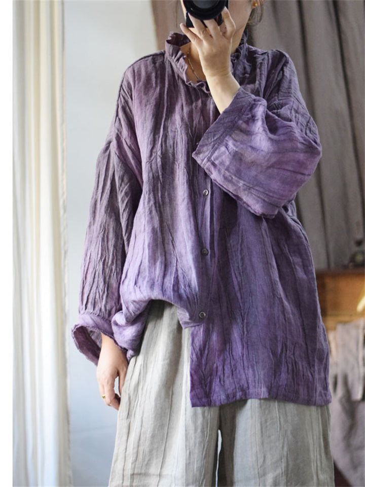 Loose Linen Distressed Textured Long Sleeve Shirt for Women