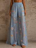 Womens Summer Floral Tie Dye Wide Leg Mesh Sheer Boho Pants