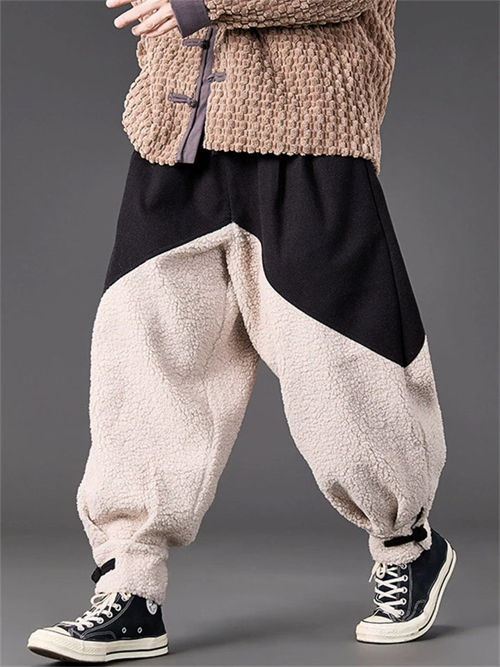 Winter Contrast Color Fleece Elastic Waist Wide Leg Jogger Pants for Men