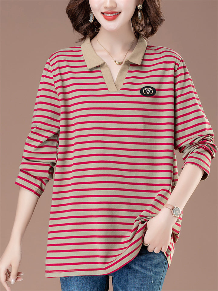 Women's Loose Cotton Stripe Lapel Long Sleeve Shirts