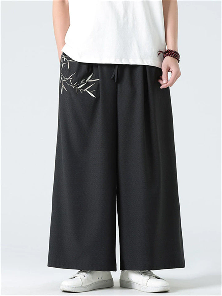 Men's Summer Chinese Style Bamboo Embroidery Wide Leg Pants