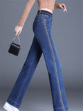 Women's High Waist Stripped Regular Fit Straight Leg Stretchy Jeans