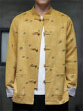 Men's Chinese Style Faux Suede Stand Collar Loose Fit Jacket with Leaf Print